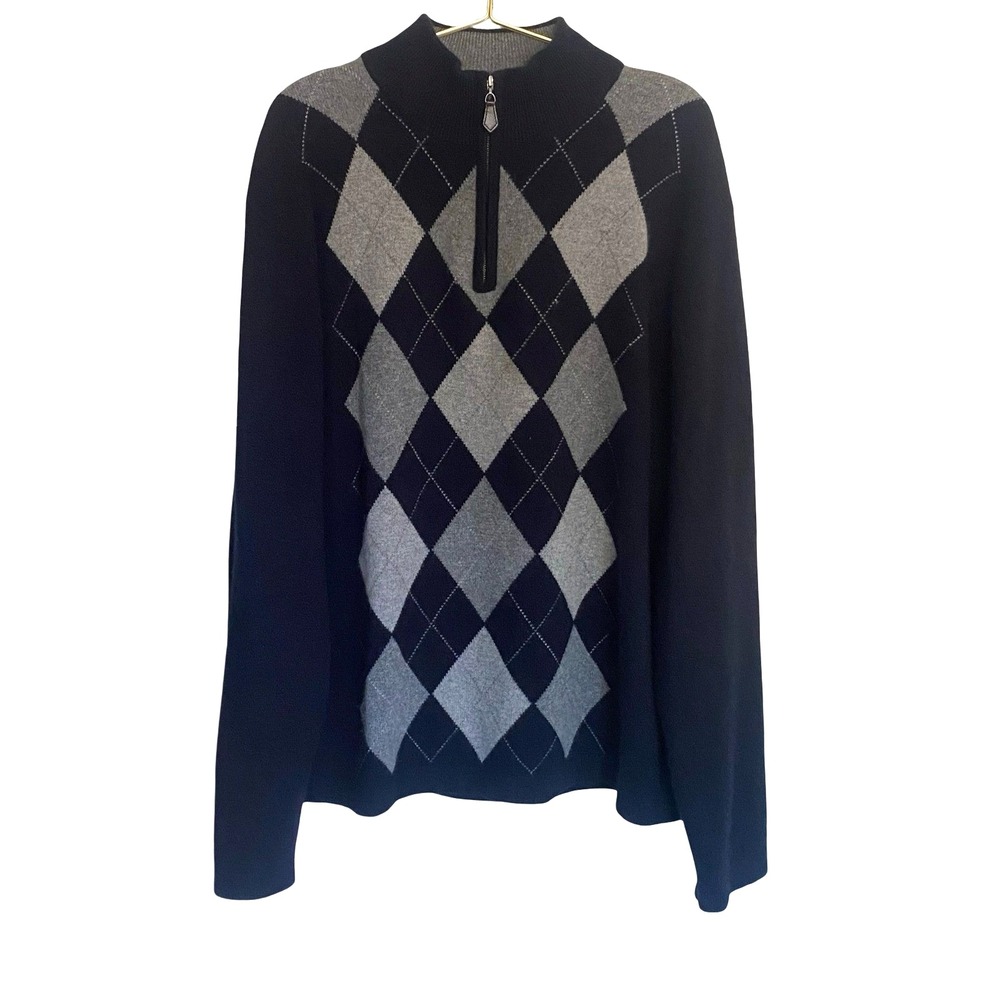 Paolo Mondo Argyle Mens Quarter Zip Sweater Large Navy Blue Grey 100% Cashmere